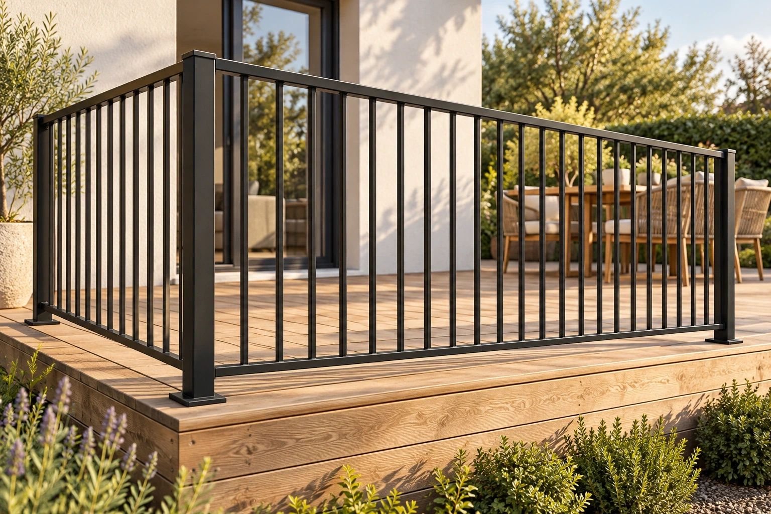 Straight graphite welded vertical-picket railing with capped square posts and flat base plates around a timber terrace.