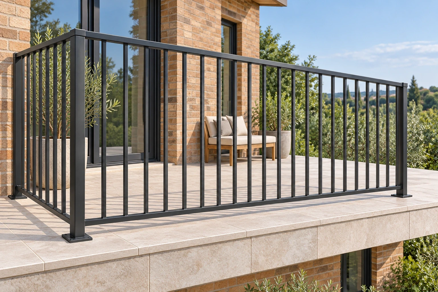 Graphite welded picket railing with continuous top and bottom rails around a stone balcony.