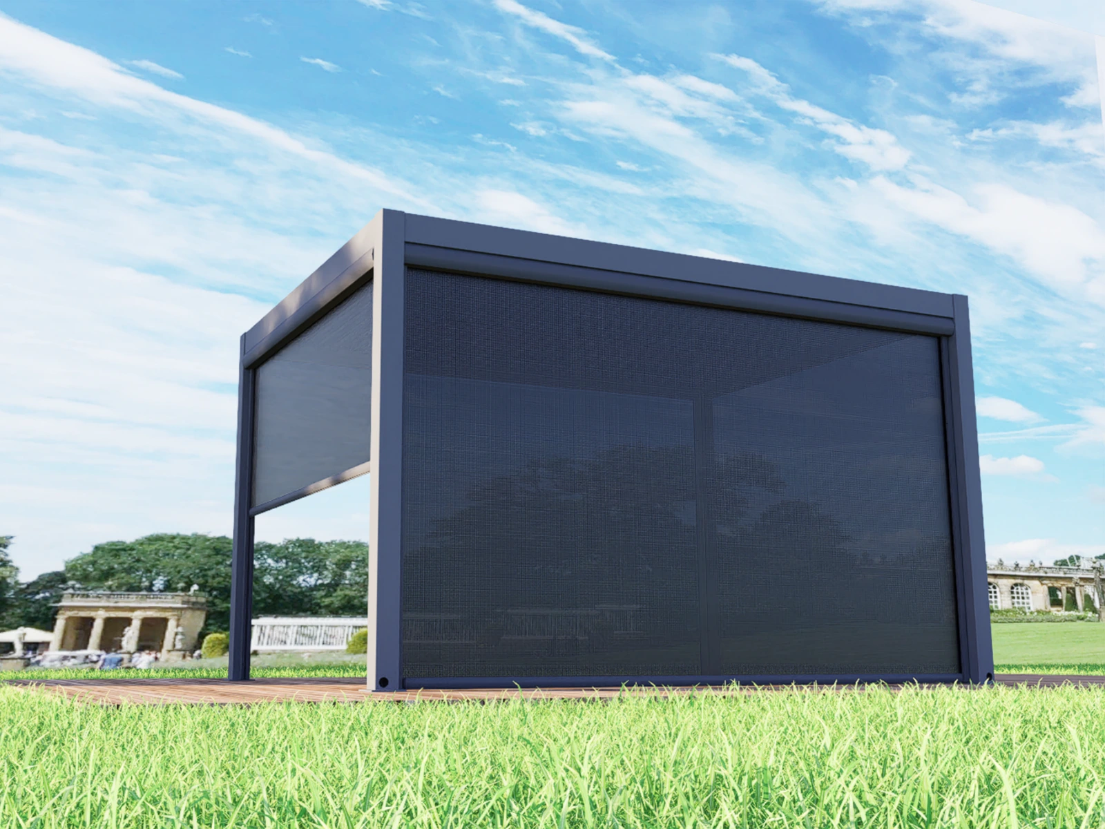 Roller Blinds — roller blinds screening two sides of a pergola