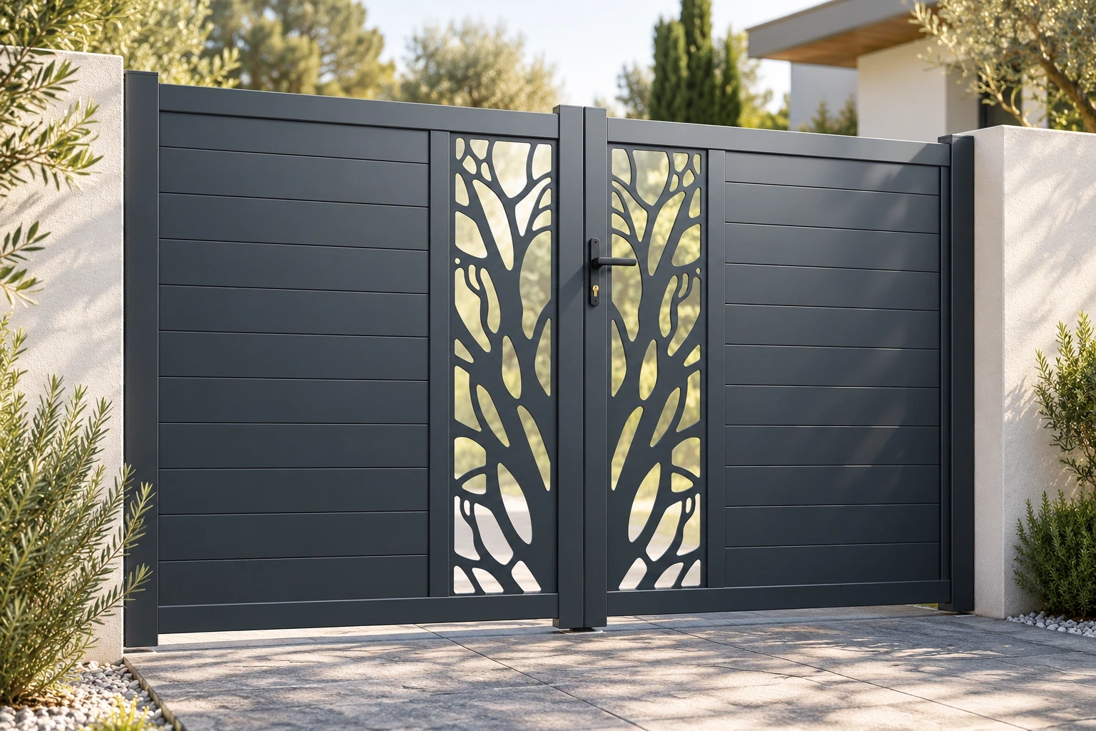 Charcoal double gate with tree-pattern aluminium inserts between pale walls