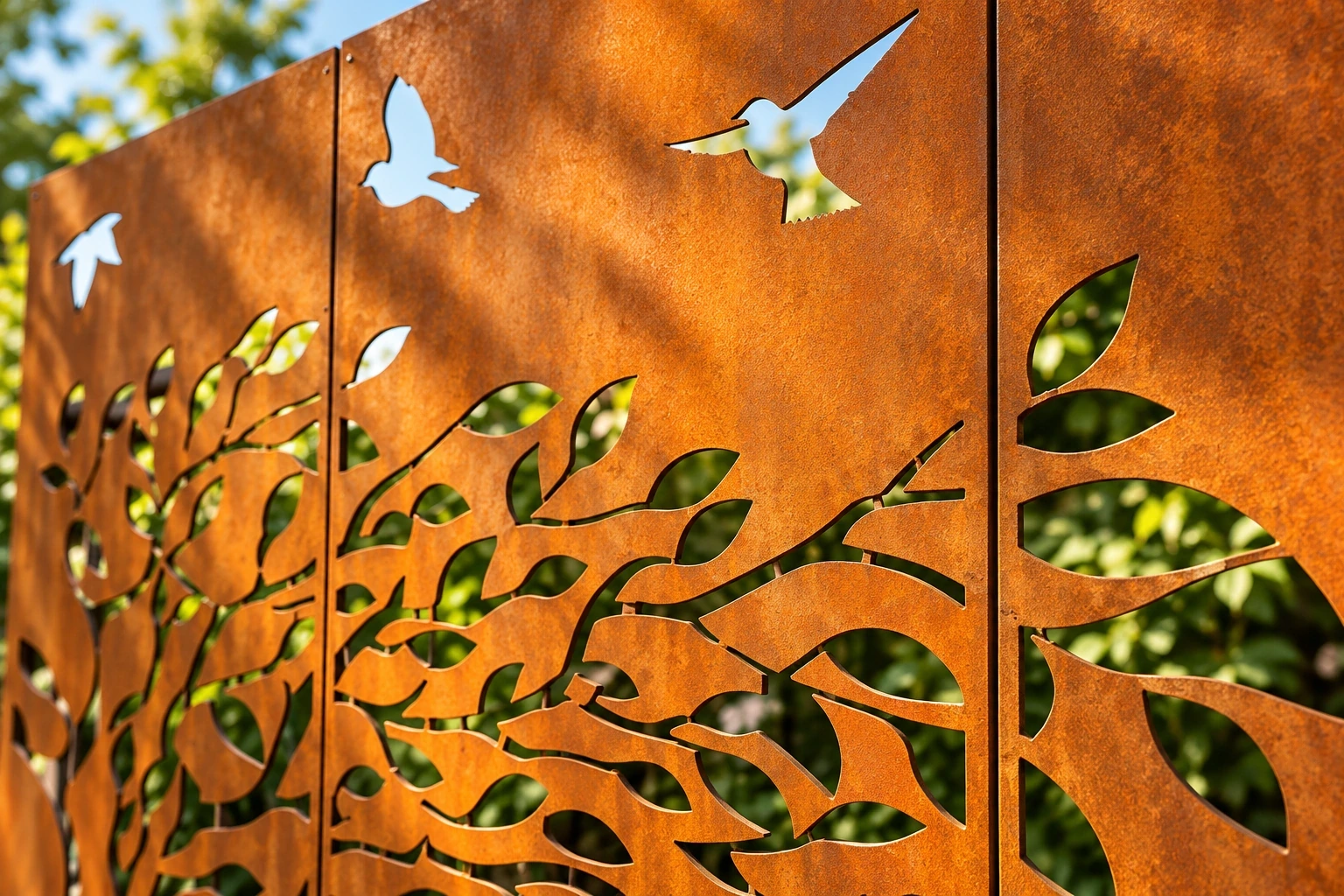 Close view of rust-toned Corten steel around a leaf-shaped cut-out