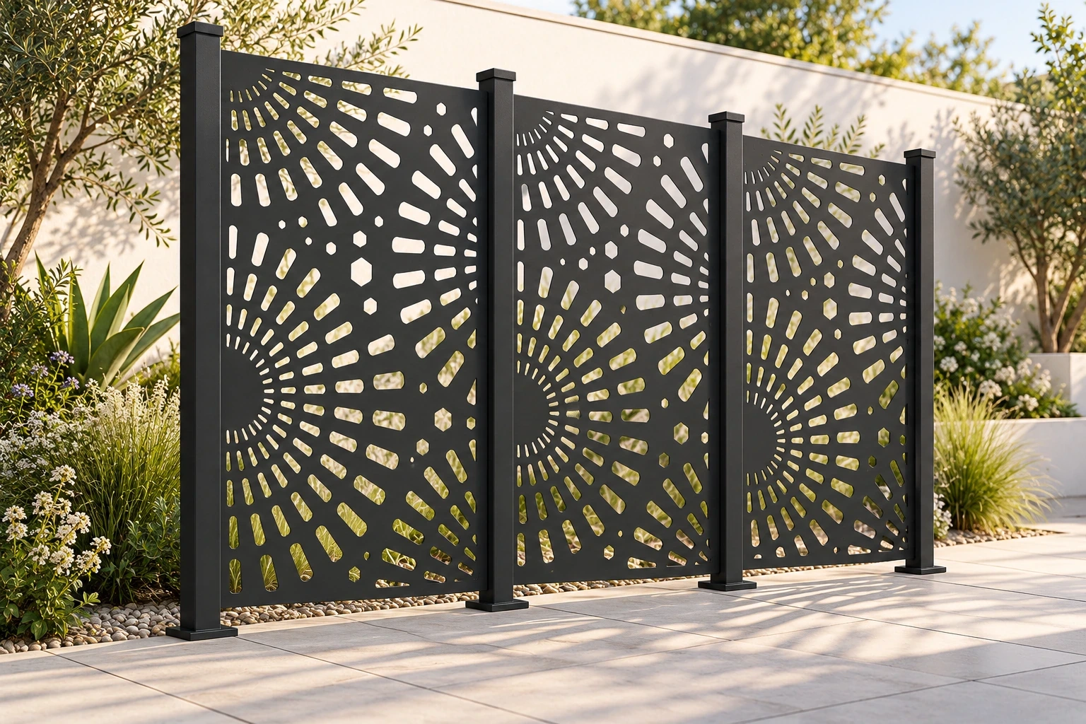 Three charcoal PVC/WPC radial-pattern screens beside pale paving and planting