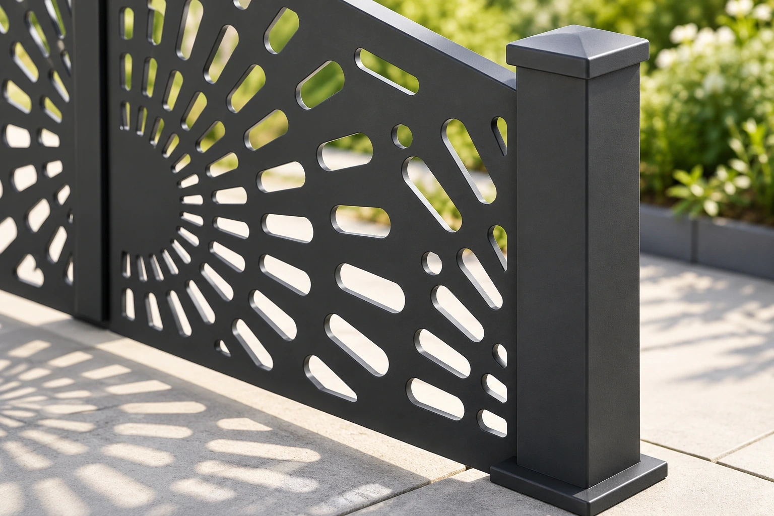 Close view of rounded radial openings and a capped charcoal screen post