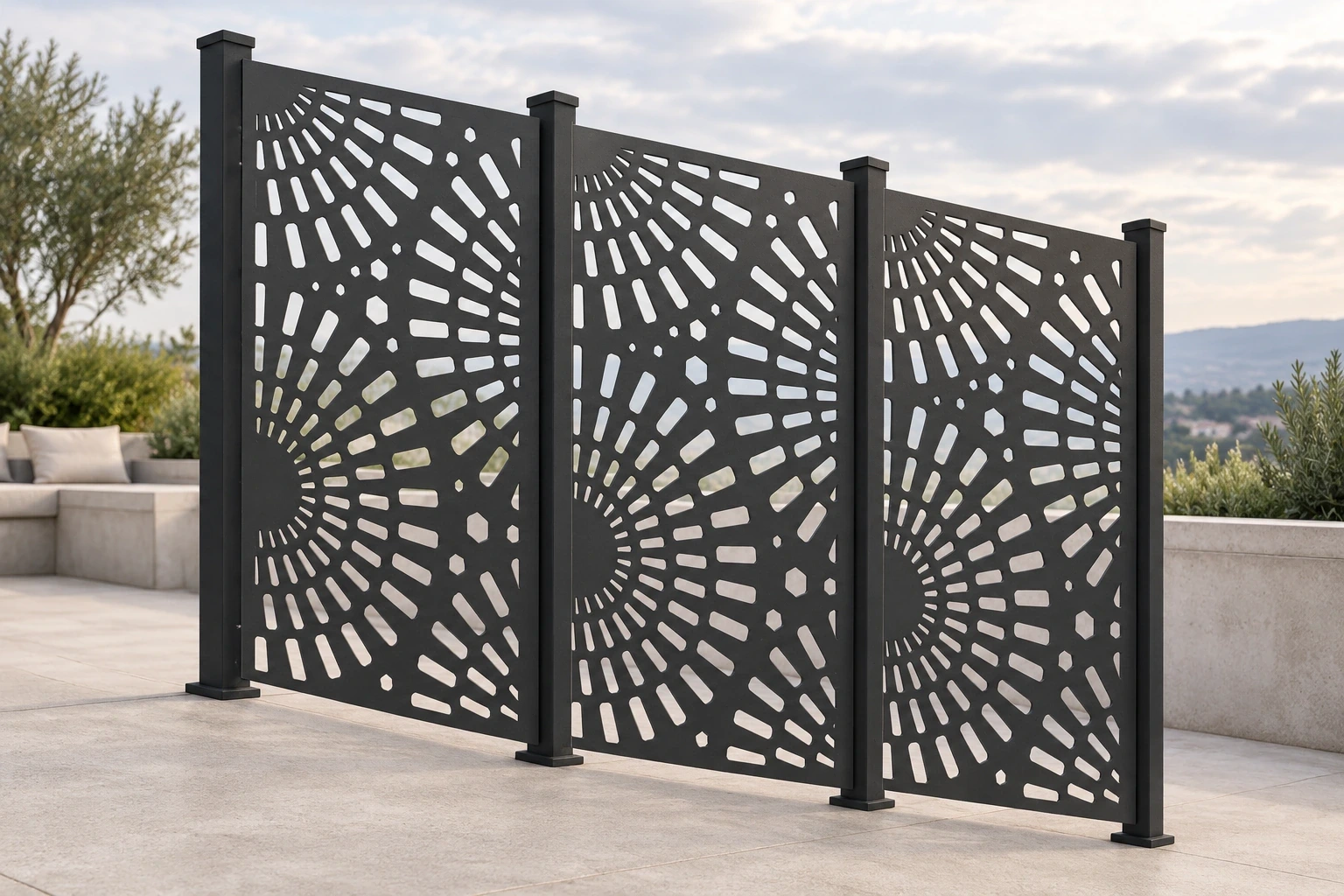 Dark radiating-pattern screen panels defining a paved outdoor seating court.