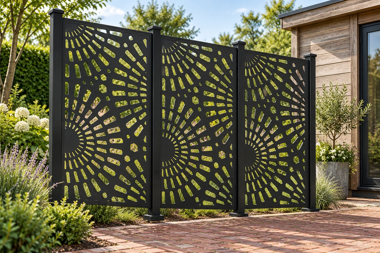 Three dark decorative panels with radiating cutouts beside a brick garden path.