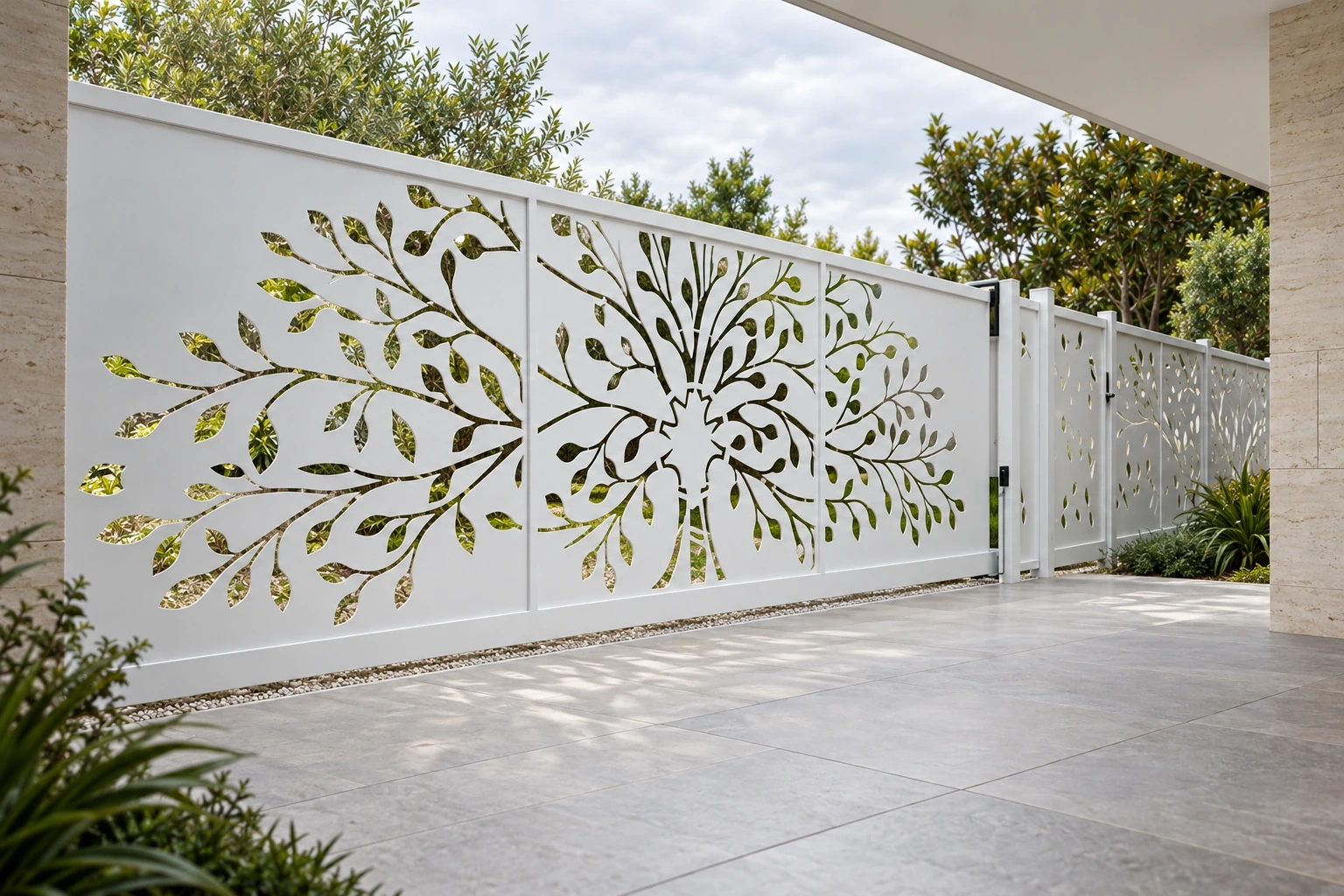 White botanical cut panels screening a sheltered garden passage beside pale stone walls.