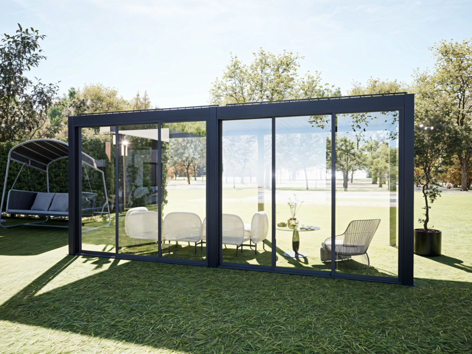 Sliding Glass Doors — framed sliding glass doors across two pergola bays