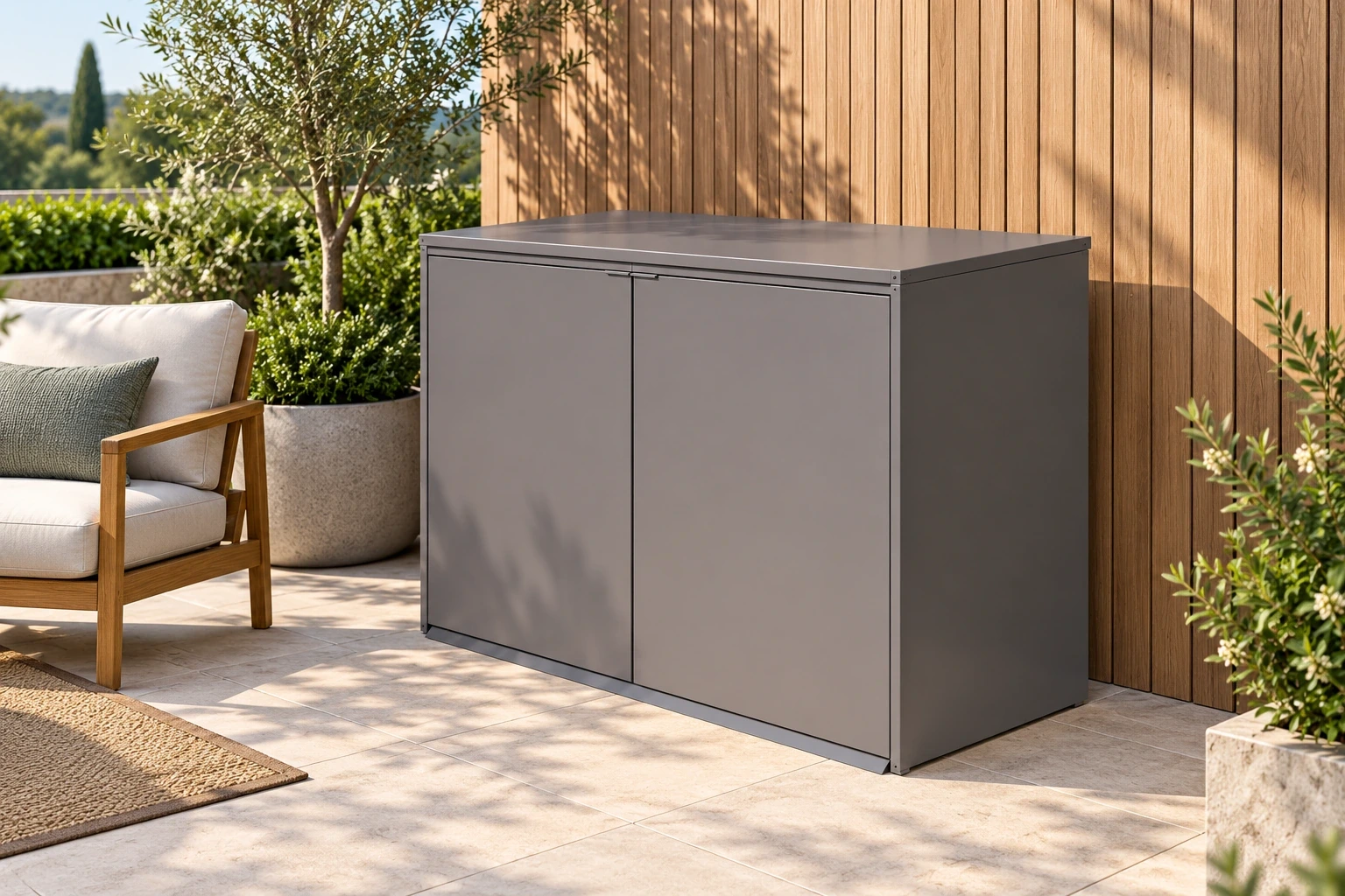 Tall grey top-opening metal storage box beside a contemporary terrace seating area