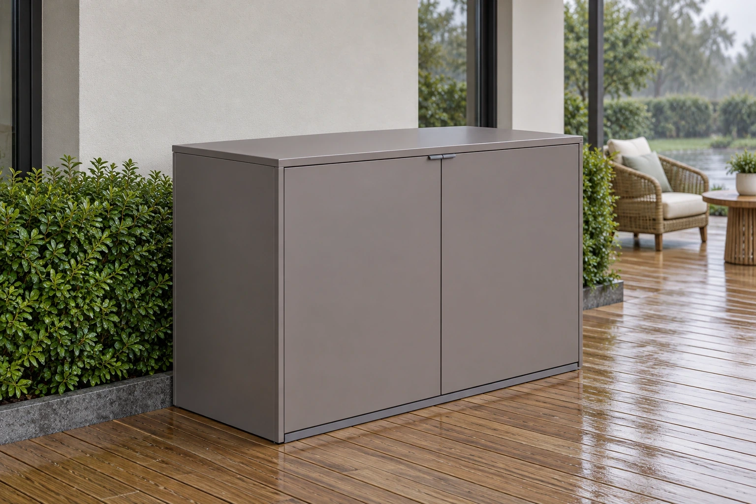 Closed smooth-panel metal storage box beside a sheltered timber porch seating area.