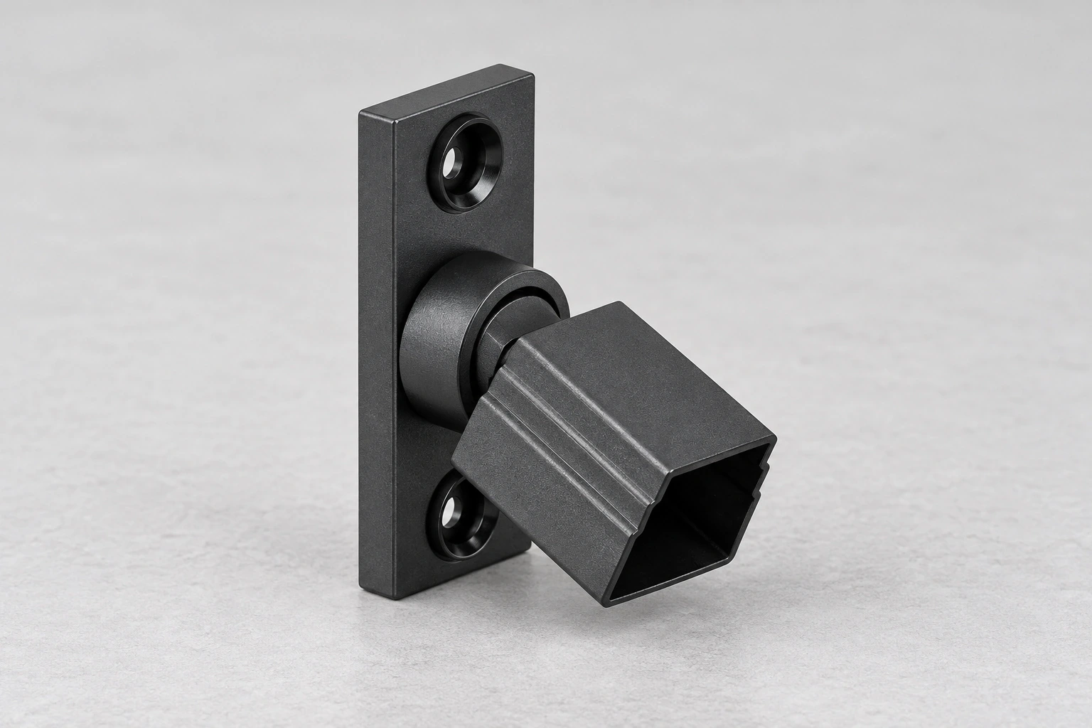 Adjustable stepped bottom-rail socket on a pivoting two-hole mounting plate